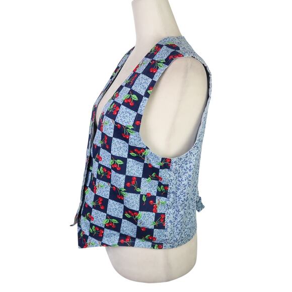 Vintage 90s Blue and Red Checker Cherry Print Vest M - Picture 3 of 5